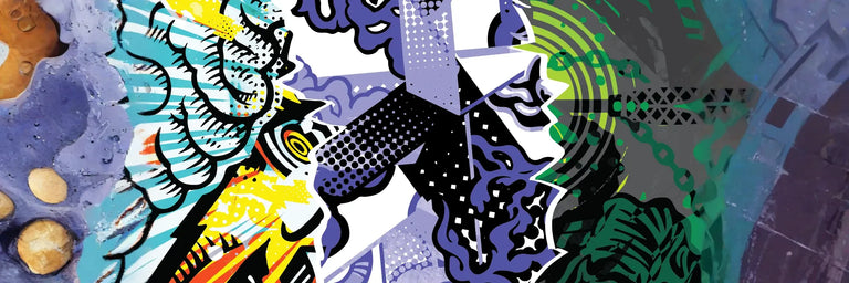 et abstrakt billede med flere farver og figurer